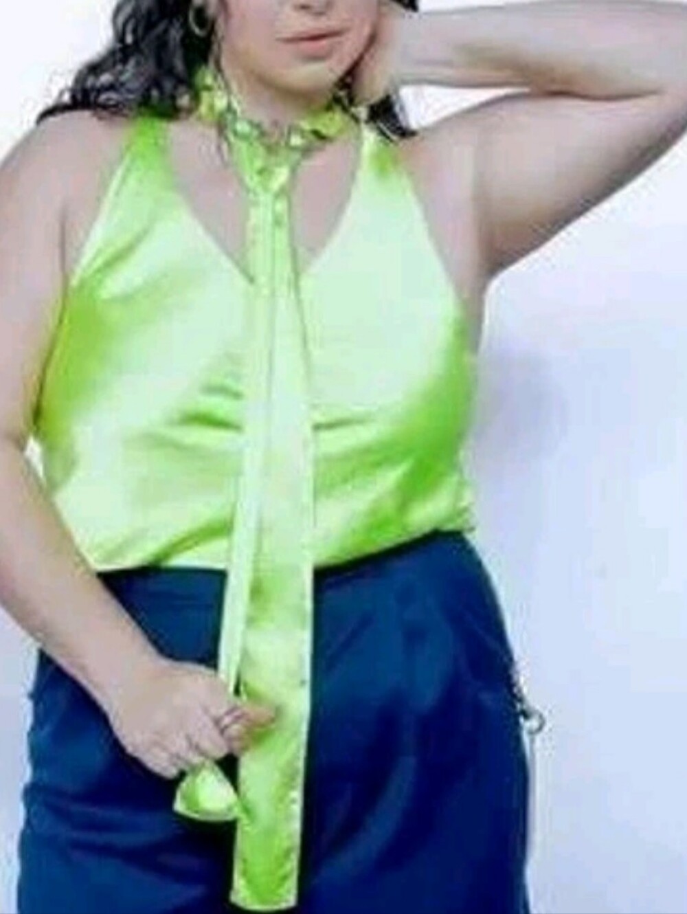 Wildfang Chartreuse Lime Green Tie Neck Halter Tank Top - Size 2X